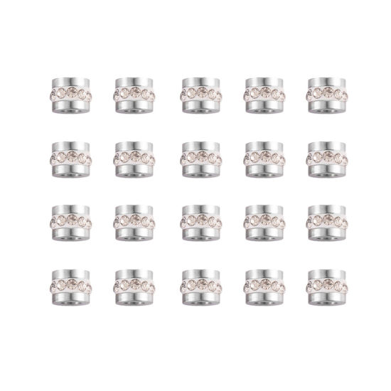 Picture of 5 PCs 304 Stainless Steel Birthstone Beads For DIY Charm Jewelry Making Single Hole Tube Silver Tone Clear Rhinestone 6mm x 6mm, Hole: Approx 3mm
