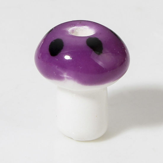 Picture of 10 PCs Ceramic Beads For DIY Charm Jewelry Making Mushroom Purple 3D About 12mm x 10mm, Hole: Approx 2mm