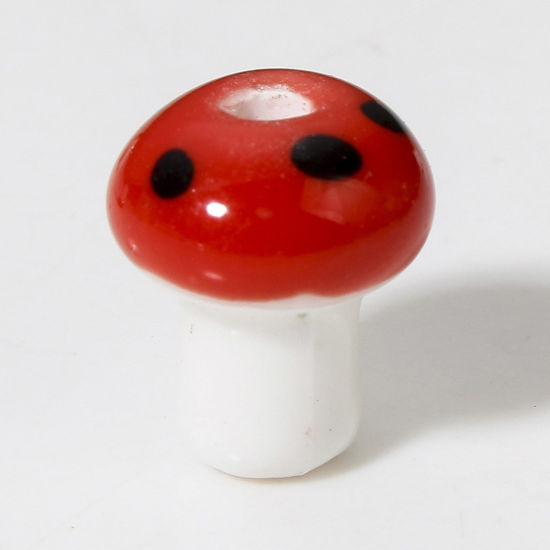 Picture of 10 PCs Ceramic Beads For DIY Charm Jewelry Making Mushroom Red 3D About 12mm x 10mm, Hole: Approx 2mm