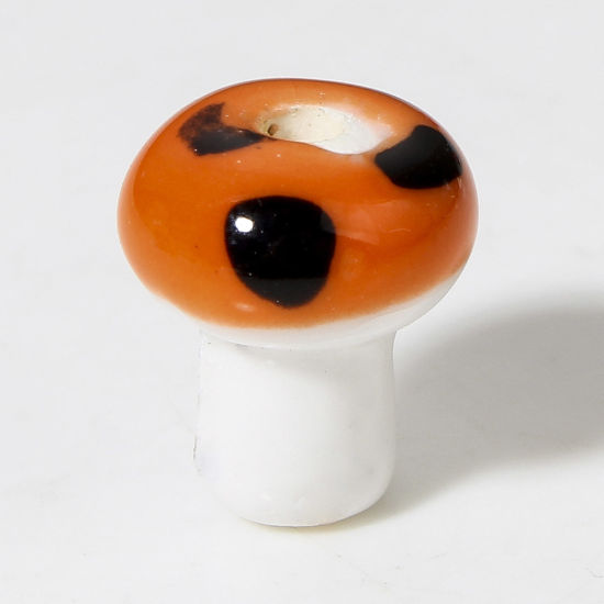 Picture of 10 PCs Ceramic Beads For DIY Charm Jewelry Making Mushroom Orange 3D About 12mm x 10mm, Hole: Approx 2mm