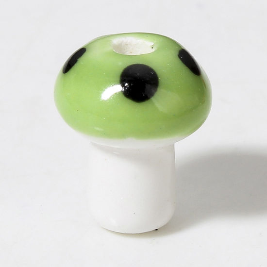 Picture of 10 PCs Ceramic Beads For DIY Charm Jewelry Making Mushroom Green 3D About 12mm x 10mm, Hole: Approx 2mm