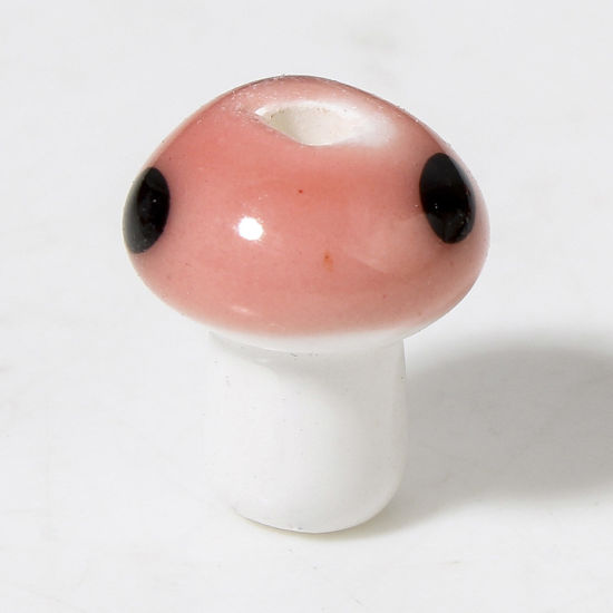 Picture of 10 PCs Ceramic Beads For DIY Charm Jewelry Making Mushroom Pink 3D About 12mm x 10mm, Hole: Approx 2mm