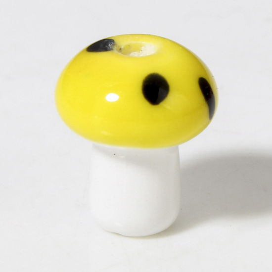 Picture of 10 PCs Ceramic Beads For DIY Charm Jewelry Making Mushroom Yellow 3D About 12mm x 10mm, Hole: Approx 2mm