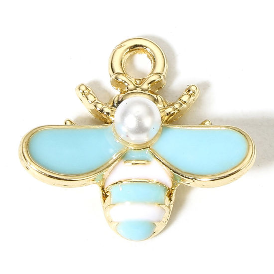 Image de 10 Pcs Breloques Insecte en Alliage de Zinc Doré Bleu Abeille Émail 17mm x 16mm
