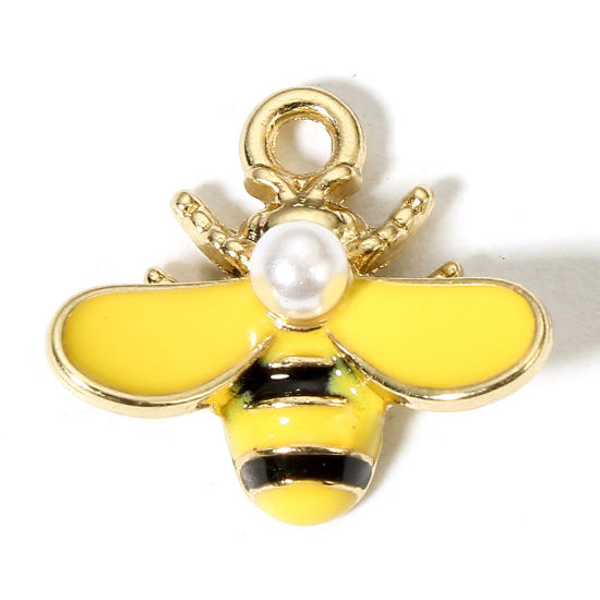 Image de 10 Pcs Breloques Insecte en Alliage de Zinc Doré Jaune Abeille Émail 17mm x 16mm