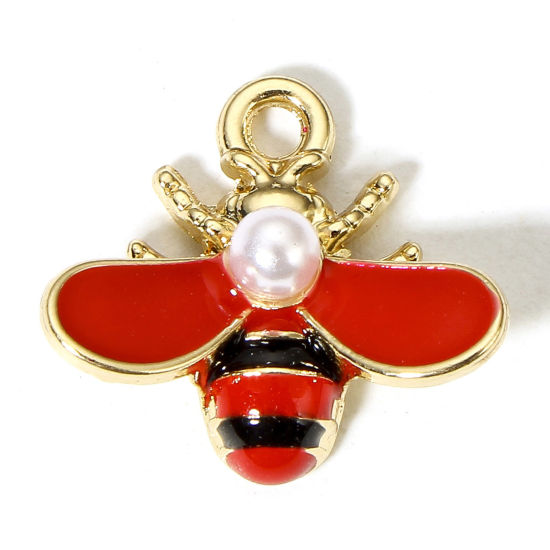 Image de 10 Pcs Breloques Insecte en Alliage de Zinc Doré Rouge Abeille Émail 17mm x 16mm