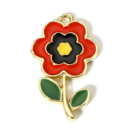 Image de 10 Pcs Breloques en Alliage de Zinc Doré Rouge Fleur Émail 23.5mm x 14mm