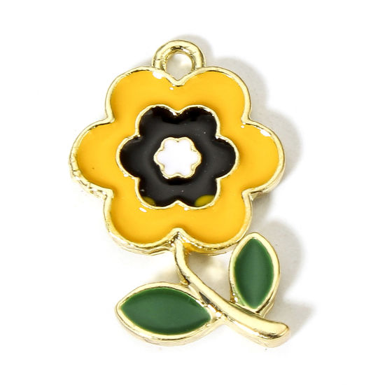 Image de 10 Pcs Breloques en Alliage de Zinc Doré Jaune Fleur Émail 23.5mm x 14mm