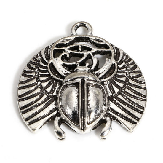 Picture of 10 PCs Zinc Based Alloy Religious Charms Antique Silver Color Scarab The Eye Of Horus Hollow 25mm x 24mm