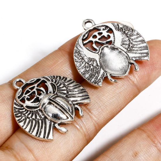 Picture of 10 PCs Zinc Based Alloy Religious Charms Antique Silver Color Scarab The Eye Of Horus Hollow 25mm x 24mm