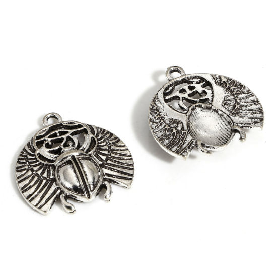 Picture of 10 PCs Zinc Based Alloy Religious Charms Antique Silver Color Scarab The Eye Of Horus Hollow 25mm x 24mm