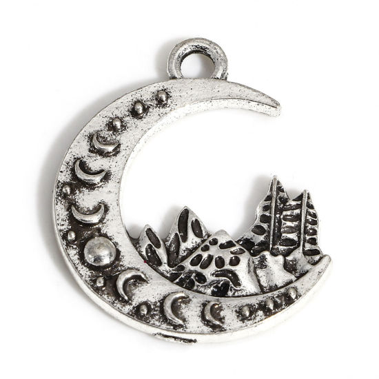 Picture of 10 PCs Charms Antique Silver Color Moon Phases Forest 23.5mm x 19mm