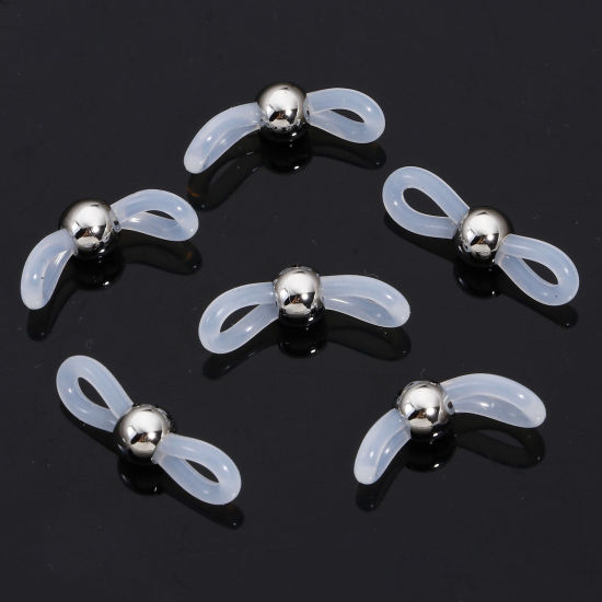 Picture of 10 PCs 304 Stainless Steel & Silicone Eyeglasses Chain Ends Connectors Anti-slip Strap Holder Silver Tone White 20mm x 6mm