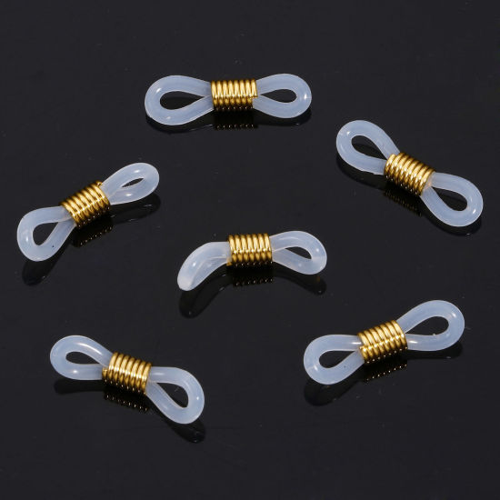 Picture of 10 PCs 304 Stainless Steel & Silicone Eyeglasses Chain Ends Connectors Anti-slip Strap Holder 18K Gold Plated White 20mm x 4mm