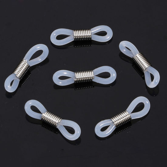 Picture of 10 PCs 304 Stainless Steel & Silicone Eyeglasses Chain Ends Connectors Anti-slip Strap Holder Silver Tone White 20mm x 4mm