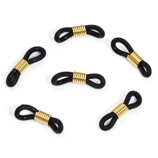 Picture of 10 PCs 304 Stainless Steel & Silicone Eyeglasses Chain Ends Connectors Anti-slip Strap Holder 18K Gold Plated Black 20mm x 4mm