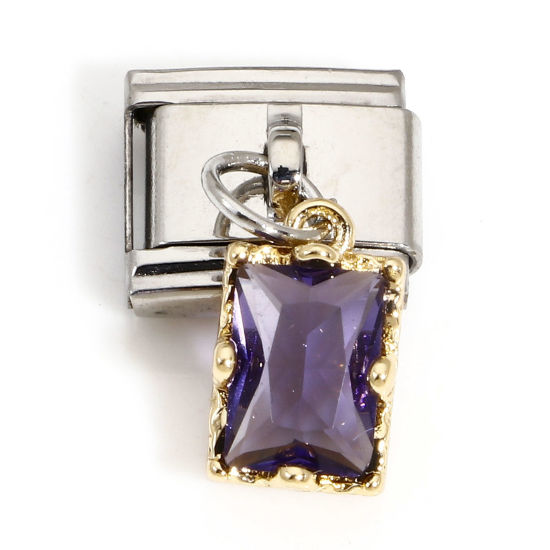 Immagine di 1 Piece 304 Stainless Steel Italian Charm Links For DIY Bracelet Jewelry Making Silver Tone Rectangle With Pendant Deep Purple Rhinestone 10mm x 9mm