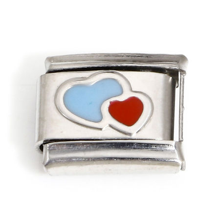 Bild von 1 Stück 304 Edelstahl Valentinstag Charm-Armband mit italienischen Gliedern zur Herstellung von DIY-Schmuck Silberfarbe Rot & Blau Rechteck Herz Emaille 10mm x 9mm