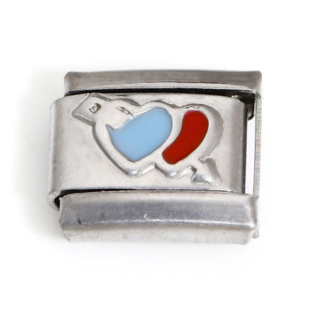Bild von 1 Stück 304 Edelstahl Valentinstag Charm-Armband mit italienischen Gliedern zur Herstellung von DIY-Schmuck Silberfarbe Rot & Blau Rechteck Amors Pfeil Emaille 10mm x 9mm