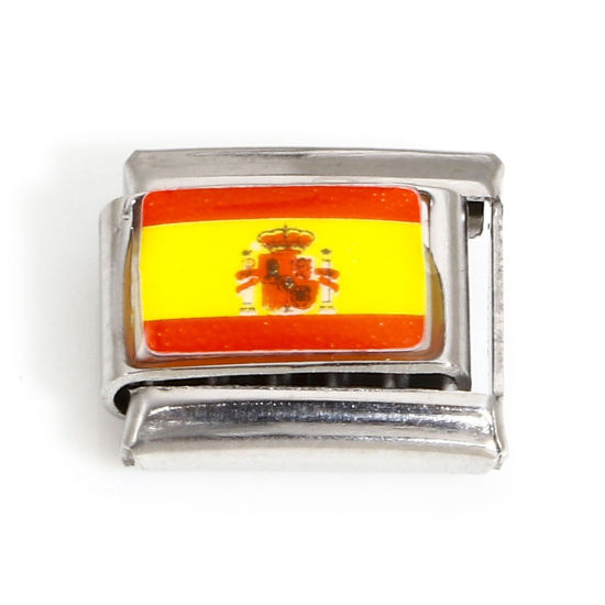 Picture of 1 Piece 304 Stainless Steel Italian Charm Links For DIY Bracelet Jewelry Making Silver Tone Rectangle Spanish Flag Enamel 10mm x 9mm