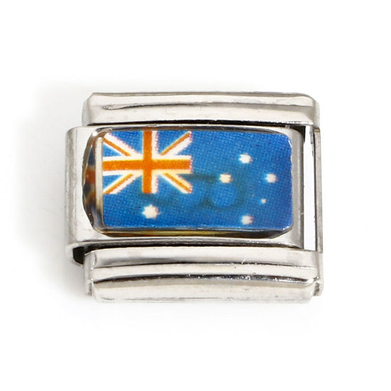 Picture of 1 Piece 304 Stainless Steel Italian Charm Links For DIY Bracelet Jewelry Making Silver Tone Rectangle Australian Flag Enamel 10mm x 9mm