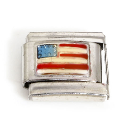 Picture of 1 Piece 304 Stainless Steel Italian Charm Links For DIY Bracelet Jewelry Making Silver Tone Rectangle Flag Of The United States Enamel 10mm x 9mm