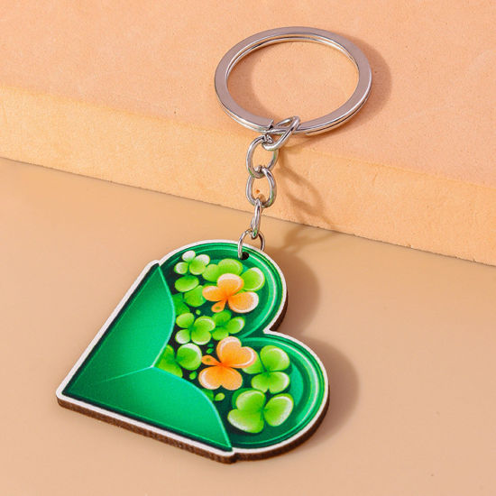 Picture of 1 Piece Wood St Patrick's Day Keychain & Keyring Silver Tone Green & Yellow Leaf Clover Heart 10cm
