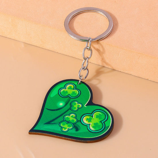 Picture of 1 Piece Wood St Patrick's Day Keychain & Keyring Silver Tone Green Leaf Clover Heart 10cm