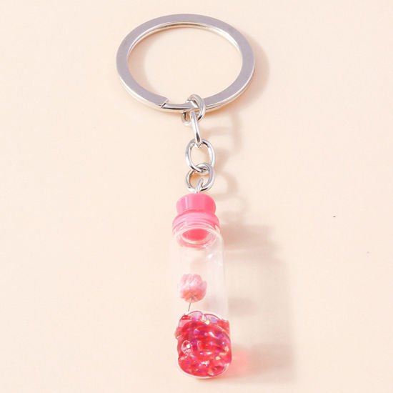 Picture of 1 Piece Resin Handmade Resin Jewelry Real Flower Keychain & Keyring Silver Tone Red Drift Bottle Shaped Flower 10cm