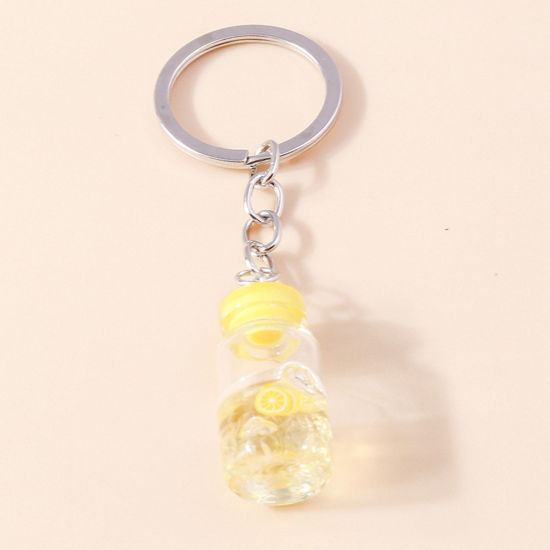 Picture of 1 Piece Resin Handmade Resin Jewelry Real Flower Keychain & Keyring Silver Tone Yellow Drift Bottle Shaped Lemon Slice 10cm