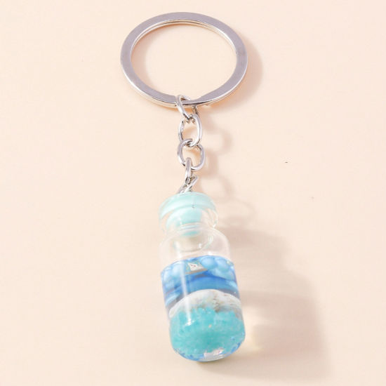 Picture of 1 Piece Resin Handmade Resin Jewelry Real Flower Keychain & Keyring Silver Tone Blue Drift Bottle Shaped Conch Sea Snail 10cm