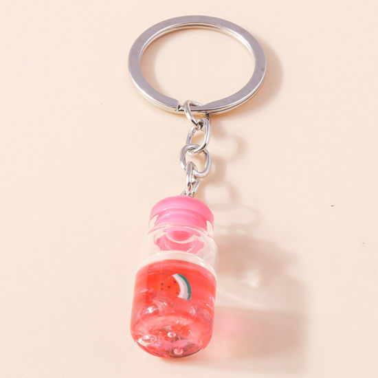 Picture of 1 Piece Resin Handmade Resin Jewelry Real Flower Keychain & Keyring Silver Tone Red Drift Bottle Shaped Watermelon Fruit 10cm