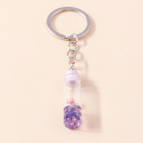 Picture of 1 Piece Resin Handmade Resin Jewelry Real Flower Keychain & Keyring Silver Tone Purple Drift Bottle Shaped Flower 10cm
