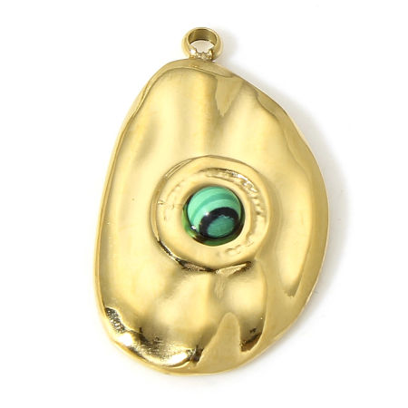 Picture of 1 Piece 304 Stainless Steel & Stone Hammered Charms Gold Plated Peacock Green Irregular Drop 22mm x 13mm