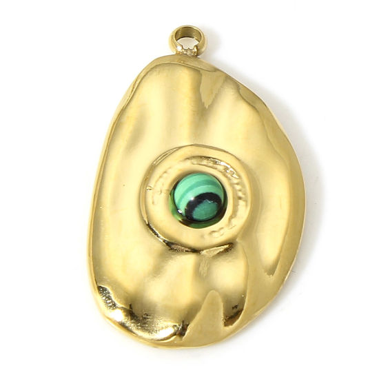 Immagine di 1 Pz 304 Acciaio Inossidabile & Pietra Martellato Charms Irregolare Oro Placcato Verde Pavone Goccia 22mm x 13mm