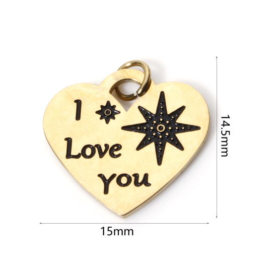 Immagine di 1 Pz Placcatura Sottovuoto 304 Acciaio Inossidabile San Valentino Ciondoli Cuore Oro Placcato Stella Messaggio " I Love you " 15mm x 14.5mm