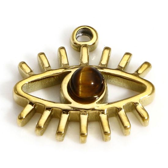 Изображение 1 ШТ Экологичное вакуумное PVD-покрытие Титановая сталь и тигровый глаз Ретро Подвески Глаза 18K настоящее золото с покрытием 13мм x 12мм