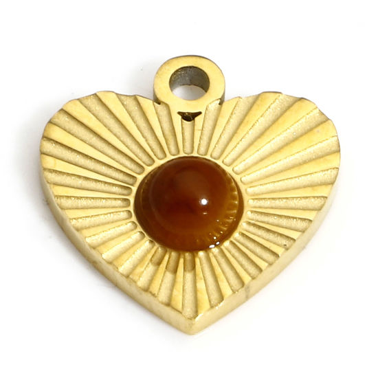 Изображение 1 ШТ Экологичное вакуумное PVD-покрытие Титановая сталь и тигровый глаз Ретро Подвески Сердце 18K настоящее золото с покрытием 12.5мм x 12мм