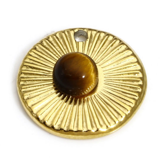 Изображение 1 ШТ Экологичное вакуумное PVD-покрытие Титановая сталь и тигровый глаз Ретро Подвески Круглые 18K настоящее золото с покрытием 14.5мм x 14.5мм