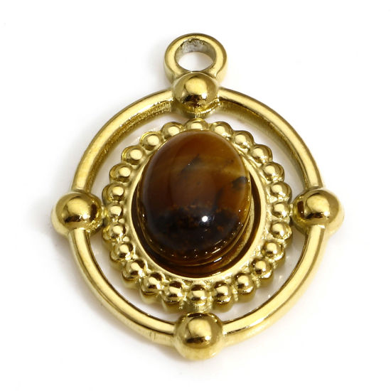 Изображение 1 ШТ Экологичное вакуумное PVD-покрытие Титановая сталь и тигровый глаз Ретро Подвески Кольцо 18K настоящее золото с покрытием Овальные 21мм x 16мм