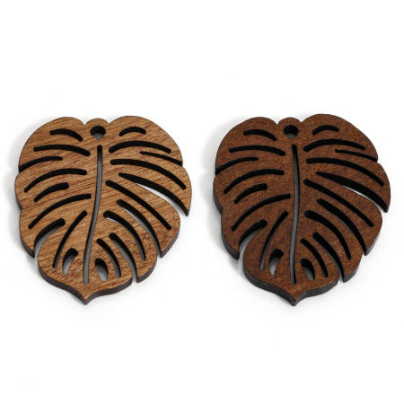 Image de 5 Pcs Pendentifs en Juglans Brun Monstera Feuilles à Strass Creux 3.2cm x 2.7cm