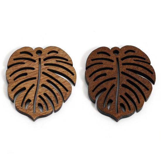 Image de 5 Pcs Pendentifs en Juglans Brun Monstera Feuilles à Strass Creux 3.2cm x 2.7cm