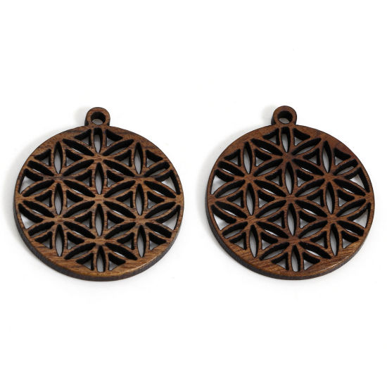 Image de 5 Pcs Breloques Religieux en Juglans Brun Rond Fleur de Vie à Strass Creux 29mm x 26mm