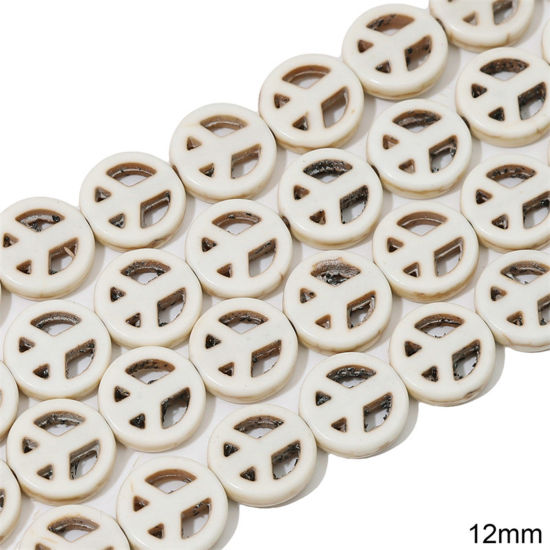 Picture of 1 Packet (Approx 32 PCs/Packet) Howlite ( Synthetic ) Beads For DIY Charm Jewelry Making Peace Symbol White About 12mm Dia