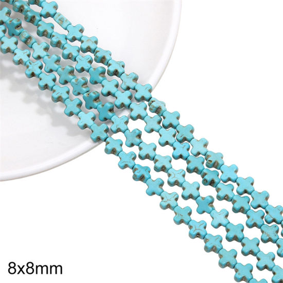 Picture of 1 Packet (Approx 49 PCs/Packet) Turquoise ( Synthetic ) Beads For DIY Charm Jewelry Making Cross Green About 8mm x 8mm, Hole: Approx 1mm