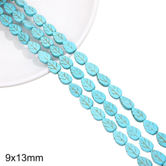 Picture of 1 Packet (Approx 29 PCs/Packet) Turquoise ( Synthetic ) Beads For DIY Charm Jewelry Making Leaf Green About 9mm x 13mm, Hole: Approx 1mm