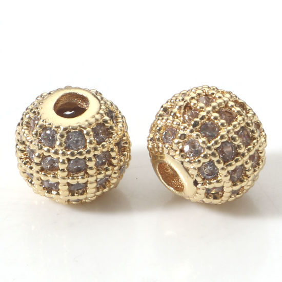 Immagine di 5 Pz Ottone Geometrico Perline per la Creazione di Gioielli con Ciondoli Fai-da-te 18K Vero Oro Placcato Palla Striscia Micro Spianare Trasparente Strass Circa 8mm Dia, Foro:Circa 2mm