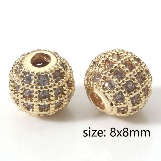 Immagine di 5 Pz Ottone Geometrico Perline per la Creazione di Gioielli con Ciondoli Fai-da-te 18K Vero Oro Placcato Palla Striscia Micro Spianare Trasparente Strass Circa 8mm Dia, Foro:Circa 2mm