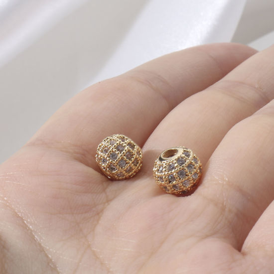 Immagine di 5 Pz Ottone Geometrico Perline per la Creazione di Gioielli con Ciondoli Fai-da-te 18K Vero Oro Placcato Palla Striscia Micro Spianare Trasparente Strass Circa 8mm Dia, Foro:Circa 2mm