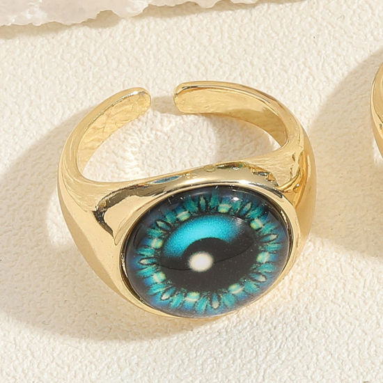 Bild von 1 Stück Messing Religiös Offen Verstellbar Ring Rund Auge Vergoldet Blauschwarz Mit Harz Cabochons 20mm（US Größe:10.25)                                                                                                                                       
